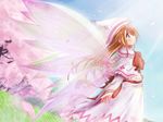  blonde_hair bow bowtie cherry_blossoms day dress duplicate fairy fairy_wings hat light_rays lily_white long_sleeves looking_afar looking_up outdoors petals red_bow red_neckwear scarlet_(studioscr) solo standing sunlight tate_eboshi touhou white_dress wind wings 