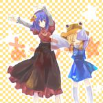  :d ^_^ ^o^ arms_up blonde_hair brooch checkered checkered_background closed_eyes dancing gem hair_ornament hat jewelry leaf_hair_ornament long_sleeves looking_at_viewer moriya_suwako multiple_girls open_mouth purple_hair red_eyes simple_background smile standing thighhighs touhou white_legwear yasaka_kanako zettai_ryouiki 