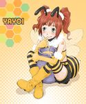  :q antennae bad_id bad_pixiv_id bee_girl boots brown_hair cosplay green_eyes honey honeycomb_(pattern) honeycomb_background idolmaster idolmaster_(classic) idolmaster_1 insect_girl monster_girl short_hair solo striped striped_legwear takatsuki_yayoi tamaoki_benkyou thighhighs tongue tongue_out twintails wings 