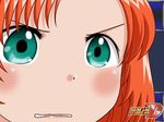  cliana_rimskaya copyright_name face green_eyes gununu orange_hair solo super_robot_wars super_robot_wars_destiny 