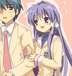  1boy 1girl :d black_hair blazer clannad emblem fujibayashi_kyou hikarizaka_private_high_school_uniform hug ixy jacket long_hair long_sleeves okazaki_tomoya open_mouth purple_hair school_uniform sidelocks smile surprised sweatdrop upper_body very_long_hair 