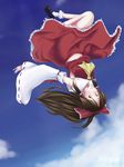  1girl ascot bow detached_sleeves flying full_body hair_bow hakurei_reimu loafers long_sleeves looking_at_viewer ponytail red_bow ribbon-trimmed_sleeves ribbon_trim shoes solo touhou upside-down 
