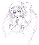  arm_behind_back flandre_scarlet greyscale hands hat hijiki_(hijikini) index_finger_raised monochrome one_side_up pointing pointing_up short_hair smile solo touhou wings 