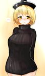  alternate_costume arms_behind_back blonde_hair blush bottomless breasts han_(jackpot) hat large_breasts lunasa_prismriver naked_sweater no_pants ribbed_sweater short_hair simple_background solo spoken_blush sweater touhou upper_body yellow_eyes 