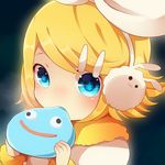  1girl :3 achiki bad_id bad_pixiv_id baozi blonde_hair blue_eyes bunny_earmuffs cameo dragon_quest earmuffs eating face food hair_ornament hair_ribbon hairclip kagamine_rin mouth_hold ribbon short_hair slime_(dragon_quest) solo vocaloid 