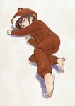  animal_costume animal_ears asymmetrical_hair barefoot bear_costume bear_ears blush brown_eyes brown_hair feet hair_tie hood hoodie iwakura_lain ken-sya lying serial_experiments_lain soles solo toes 