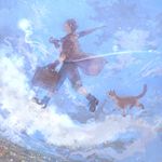  bad_id bad_pixiv_id blue_sky cat closed_umbrella cloud gloves male_focus original pon_(cielo) sky smile suitcase umbrella walking walking_on_air 