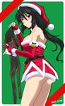  ass bare_shoulders black_hair black_legwear blush breasts brown_eyes christmas crotch_seam detached_sleeves dress elbow_gloves fingerless_gloves gift gloves hat infinite_stratos large_breasts legs long_hair microskirt orimura_chifuyu pantyhose pantyhose_removed ponytail pout red_gloves santa_costume santa_hat short_dress skirt solo thighs tsutsumi_akari wrist_cuffs 