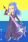  bad_id bad_pixiv_id black_coat_(kingdom_hearts) blue_hair cloak gloves highres kingdom_hearts long_hair male_focus okitsune_(okitsune-sama) pointy_ears saix scar solo weapon yellow_eyes 