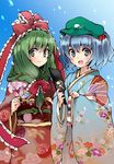  blue_eyes blue_hair bow front_ponytail fujino_ichi green_eyes green_hair hagoita hair_bobbles hair_ornament hat japanese_clothes kagiyama_hina kawashiro_nitori kimono multiple_girls obi open_mouth paddle ribbon sash smile touhou two_side_up 