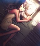  bed breasts brown_hair closed_eyes feet_out_of_frame fetal_position floor from_above futon long_hair nightgown open_mouth original pillow shadow sleeping slim_legs small_breasts solo sukaikun sunlight 