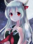  bad_id bad_pixiv_id breasts dress ex-keine face full_moon hands_on_own_chest horn_ribbon horns kamishirasawa_keine light_particles long_hair medium_breasts moon night night_sky nunucco open_mouth red_eyes ribbon silver_hair sky solo touhou 