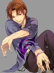  :q bad_anatomy belt blue_jacket brown_hair caster_(fate/zero) claws command_spell fate/zero fate_(series) fingernails fusion jacket jewelry licking_lips long_fingernails male_focus nishi_juuji orange_hair polydactyly purple_jacket ring simple_background solo tongue tongue_out uryuu_ryuunosuke 