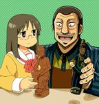  1girl bad_id bad_pixiv_id black_eyes black_hair blush bow buddha crossover facial_hair glasses hankafumisage hankashii kaiji maguronnbiba maitreya minakami_mai mustache nichijou open_mouth parody sakazaki_koutarou school_uniform smile statue stretched_earlobes striped tokisadame_school_uniform 