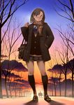  :&lt; bag brown_eyes brown_hair cloud coat highres kneehighs loafers original plaid plaid_scarf scarf school_bag school_uniform shoes short_hair silhouette skirt solo sunset tree twinpoo when_you_see_it 