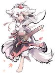  animal_ears barefoot bloomers hat inubashiri_momiji leaf maple_leaf matsuda_(matsukichi) midriff navel red_eyes scabbard sheath sheathed shield short_hair silver_hair skirt solo sword tail tokin_hat touhou underwear walking weapon wolf_ears wolf_tail 