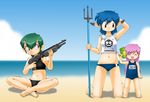  beach belka_(uchuu_kazoku_carlvinson) blue_hair corona_(uchuu_kazoku_carlvinson) green_hair gun laika_(uchuu_kazoku_carlvinson) pink_hair pointy_ears polearm saikuro shotgun spear trident uchuu_kazoku_carlvinson water_gun watergun weapon 