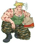  bag blood boots capcom doboshiru food guile highres male male_focus mcdonald's mcdonalds street_fighter tattoo 
