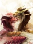  2018 brown_hair digital_media_(artwork) dragon duo eyes_closed feral flight_rising fur furred_dragon hair horn ravoilie simple_background teeth 