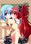  blue_eyes blue_hair blush bow checkered checkered_background hair_bow hug long_hair mahou_shoujo_madoka_magica miki_sayaka multiple_girls panties ponytail red_eyes red_hair sakura_kyouko school_uniform short_hair underwear yuuhi_alpha 