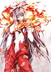  arm_up bow fire flame fujiwara_no_mokou hair_bow hair_ribbon hand_in_pocket highres long_hair ofuda open_pants painfultree pants red_eyes ribbon shirt silver_hair solo suspenders touhou 