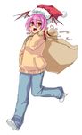  alternate_costume blush candy candy_cane casual contemporary denim fang food hat head_wings highres holding holding_sack hood hoodie jeans kekekeke lilith_aensland pants purple_hair red_eyes sack santa_hat short_hair solo vampire_(game) 