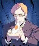  bad_id bad_pixiv_id blonde_hair bread eating egg evil_smile food formal fried_egg glasses looking_at_viewer male_focus masao muska parody raised_eyebrows smile solo suit tenkuu_no_shiro_laputa upper_body 