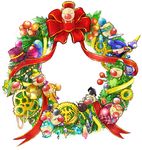  christmas crystal eyepatch final_fantasy gears hat lance moogle no_humans polearm ribbon sword weapon wreath 