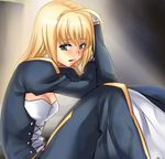  ahoge alternate_hairstyle artoria_pendragon_(all) bad_id bad_pixiv_id blonde_hair breasts cleavage_cutout dress fate/stay_night fate_(series) green_eyes hair_down long_hair maccyman medium_breasts saber sitting solo 