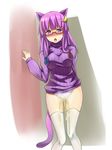  alternate_costume animal_ears bespectacled blush cat_ears cat_tail crescent glasses hair_ribbon highres kemonomimi_mode long_hair no_hat no_headwear no_pants open_mouth panties patchouli_knowledge pee peeing peeing_self purple_eyes purple_hair ribbed_sweater ribbon solo sumtj sweater tail thighhighs touhou underwear white_legwear white_panties 