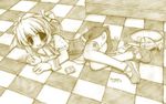  blush checkered checkered_floor kareya lying motokusa_yaeka short_hair signature solo yaeka_no_karte 