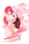  artist_request bare_shoulders barefoot cat chemise darker_than_black flat_chest green_eyes havoc lying on_side pink pink_background red_hair short_hair skirt smile solo 