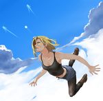  android_18 bare_shoulders blonde_hair blue_eyes cloud day dragon_ball dragon_ball_z earrings enami_katsumi flying hands highres jewelry legwear_under_shorts lips midriff pantyhose short_shorts shorts sky sleeveless solo tank_top 