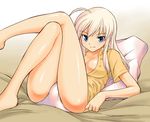  blonde_hair blue_eyes breasts covered_nipples crossed_legs hanna-justina_marseille legs long_hair medium_breasts mirutsu_(milts) panties pillow sitting smile solo strike_witches underwear world_witches_series 