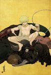  armlet barefoot blonde_hair blood bracelet bull chain earrings fate/stay_night fate/zero fate_(series) feet gilgamesh highres horn jewelry kema_mire male_focus necklace red_eyes shirtless toga yellow_background 