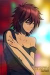  artist_request blurry collarbone copyright_name darker_than_black depth_of_field flat_chest green_eyes havoc holding_arm messy_hair red_hair short_hair sleeveless solo strap_slip upper_body 