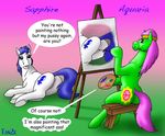  aquaria_(mlp) butt dialog dialogue english_text equine eyewear female glasses horse lying mammal my_little_pony on_side painting pony pussy sapphire_(mlp) sitting tail tanamin text thinking 
