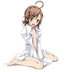  ahoge bare_legs barefoot brown_eyes brown_hair dress_shirt last_order midriff naked_shirt navel open_clothes open_mouth open_shirt shirt short_hair sitting smile solo to_aru_kagaku_no_railgun to_aru_majutsu_no_index touryou v_arms 