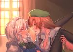 2girls black_bow black_legwear black_neckwear blue_eyes blush bow bowtie braid breasts commentary_request curtains dress_shirt eye_contact finger_in_mouth from_side gloves green_bow green_eyes green_hat green_vest hair_bow hat hong_meiling indoors izayoi_sakuya leg_grab legs_up long_hair looking_at_another maid_headdress masanaga_(tsukasa) medium_breasts multiple_girls pantyhose profile red_hair shirt silver_hair star sunlight touhou twin_braids unbuttoned unbuttoned_shirt upper_body vest white_gloves white_shirt window yuri 