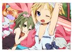  2girls blonde_hair blue_eyes blush dolls green_eyes green_hair long_hair open_mouth ponytail ribbons short_hair tears 