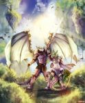  2018 anthro clothed clothing day detailed_background digital_media_(artwork) dragon duo female grass green_hair hair horn male membranous_wings outside ravoilie scalie sky smile standing tree western_dragon wings 