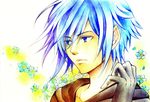  bad_id bad_pixiv_id black_coat_(kingdom_hearts) blue_eyes blue_hair cloak eyes_visible_through_hair flower gloves hair_over_one_eye highres kingdom_hearts kurotennsi male_focus solo zexion 