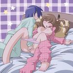  1girl aoba_(aunana) bed blue_eyes blue_hair blush breasts brother_and_sister brown_hair closed_eyes fingering incest large_breasts lying nipples on_back open_clothes open_mouth open_shirt original pajamas panties pants_around_one_leg panty_pull shirt siblings sleep_molestation sleeping underwear unmoving_pattern 