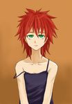  artist_request bare_shoulders brown_background chemise collarbone darker_than_black expressionless flat_chest green_eyes havoc messy_hair red_hair solo strap_slip upper_body 