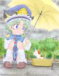  blue_eyes blush cat green_hair hat highres koboboi no_nose rain shiki_eiki skirt smile solo touhou tree umbrella whiskers younger 