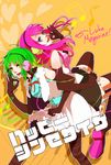  back-to-back blue_eyes elbow_gloves fley3black gloves green_eyes green_hair gumi happy_synthesizer_(vocaloid) headphones locked_arms long_hair megurine_luka multiple_girls ok_sign open_mouth pantyhose pink_hair short_hair skirt smile striped striped_legwear thighhighs vocaloid 