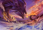  absurdres bird birds dragon fangs feathers highres monster ocean scenery sea sunset tail tongue water 