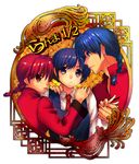  1boy 2girls blue_eyes blue_hair braid dual_persona genderswap hand_holding holding_hands konno_rei multiple_girls ranma-chan ranma_1/2 red_eyes red_hair saotome_ranma single_braid tendo_akane tendou_akane tongue 