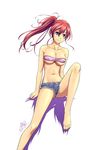  2011 bandeau bare_shoulders barefoot blue_eyes breasts cleavage covered_nipples denim denim_shorts highres large_breasts long_hair mcq midriff navel original red_hair short_shorts shorts side_ponytail simple_background sitting skindentation smile solo 