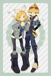  1girl blonde_hair blue_eyes boots brother_and_sister casual goggles goggles_on_head grin hair_ornament hair_ribbon hairclip jacket kagamine_len kagamine_rin pantyhose ribbon short_hair siblings smile twins v vocaloid yumenouchi_chiharu 